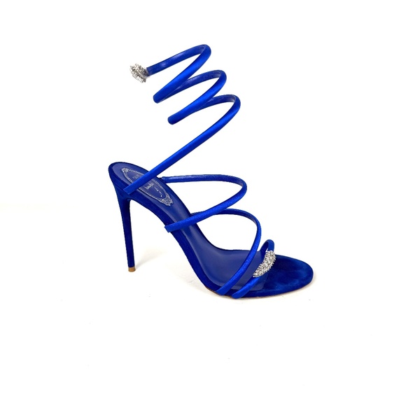 Authentic Rene Caovilla Serpente Cobalt Blue Satin Strass High Heel Sandals 39.5 - Picture 1 of 16